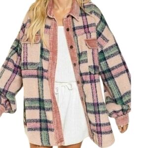 POL Pink Plaid Patchwork Shacket Corduroy Collar Oversized Cotton Small NWT